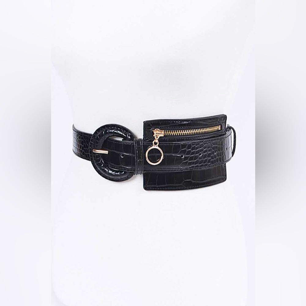 Vegan Animal Print Crocodile Leather Statement Belt with Pouch